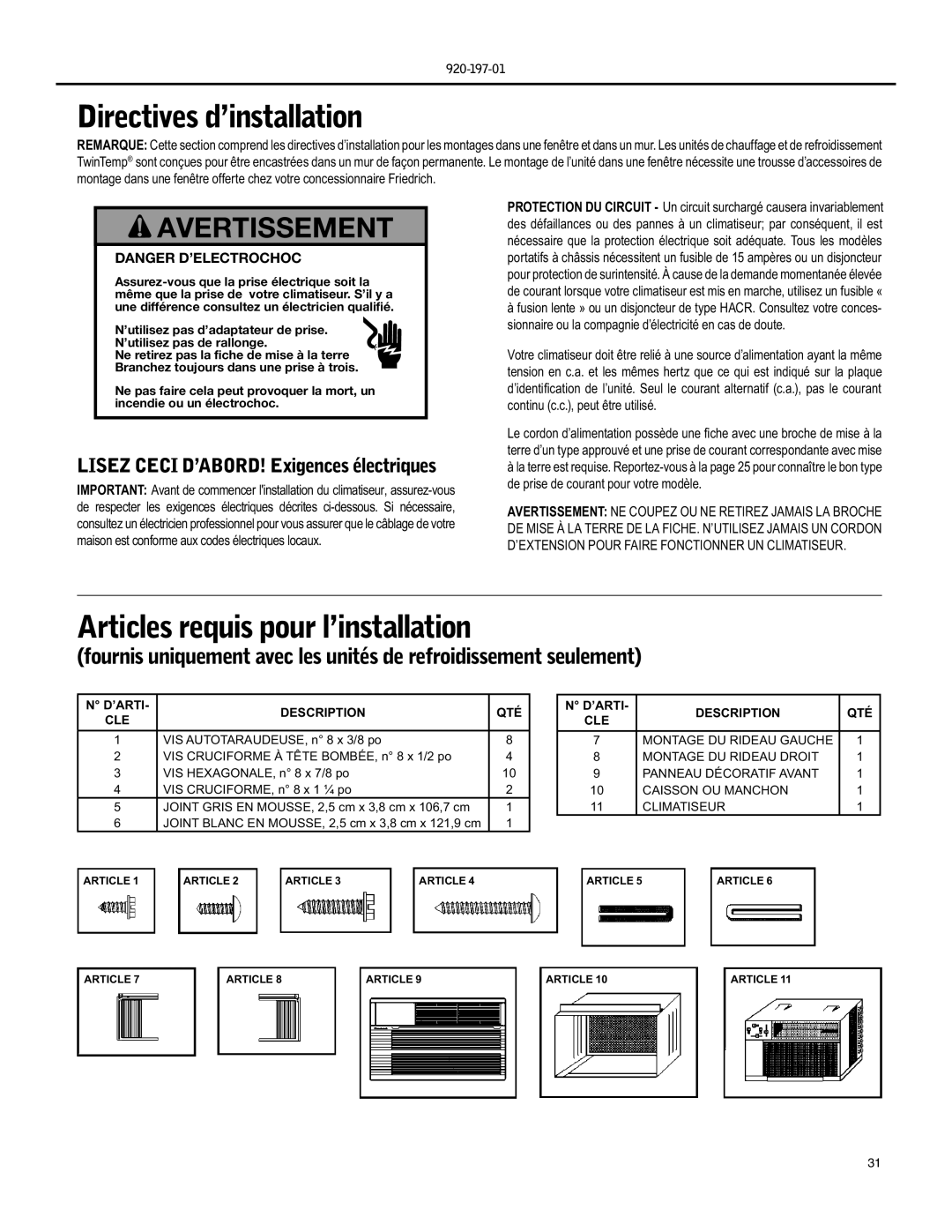 Friedrich EQ08 Directives d’installation, Articles requis pour l’installation, Lisez Ceci D’ABORD! Exigences électriques 