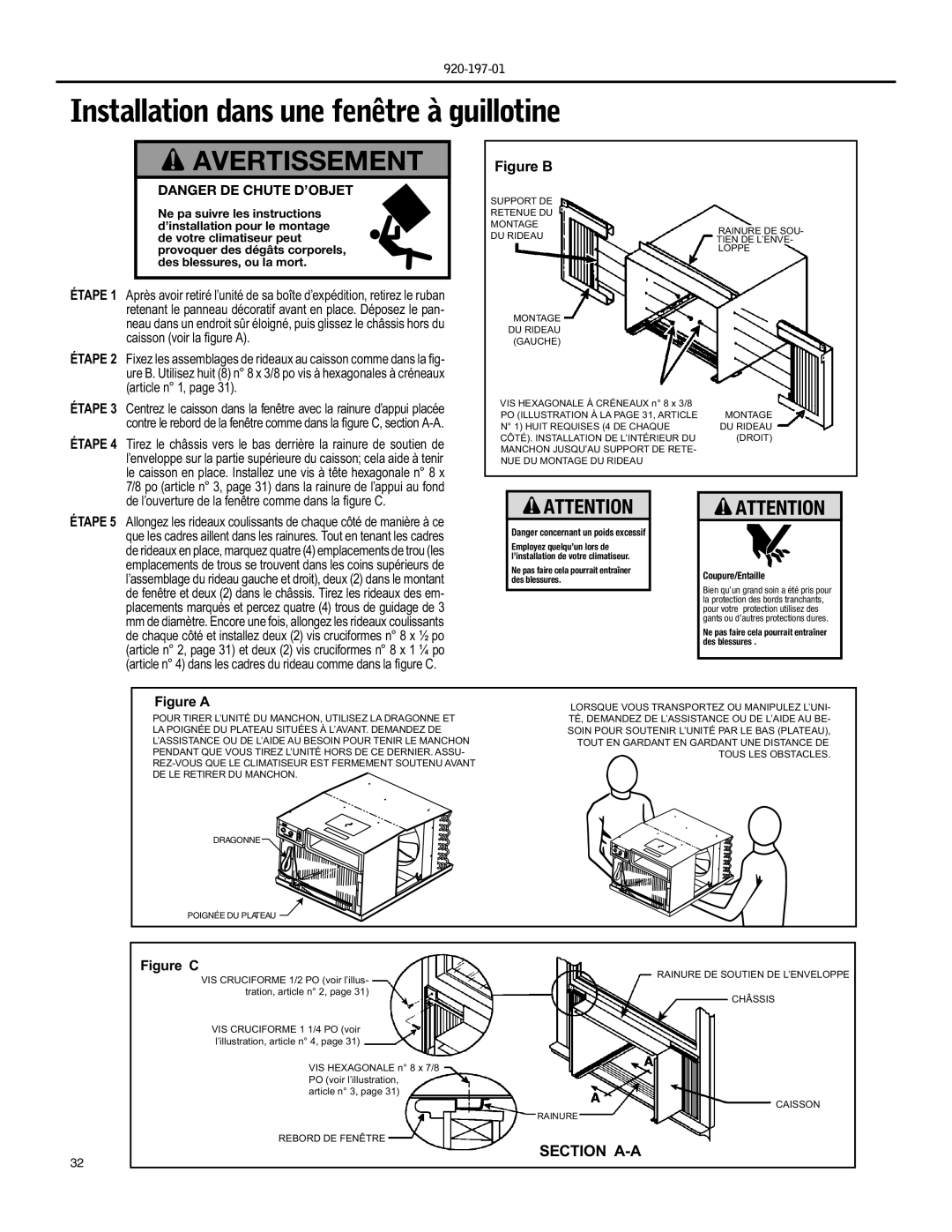 Friedrich YQ07, EQ08 operation manual Installation dans une fenêtre à guillotine, Avertissement 