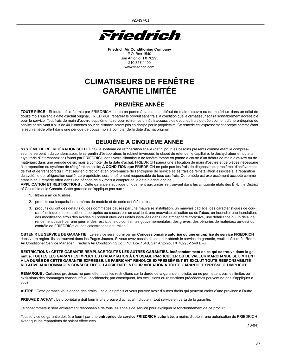 Friedrich EQ08, YQ07 operation manual Climatiseurs DE Fenêtre Garantie Limitée 