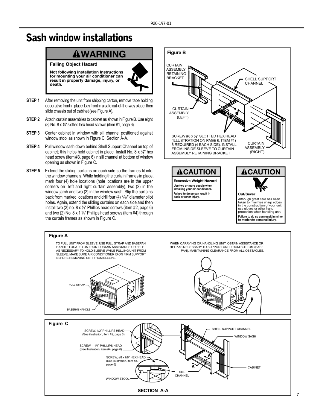 Friedrich EQ08, YQ07 operation manual Sash window installations, Falling Object Hazard 