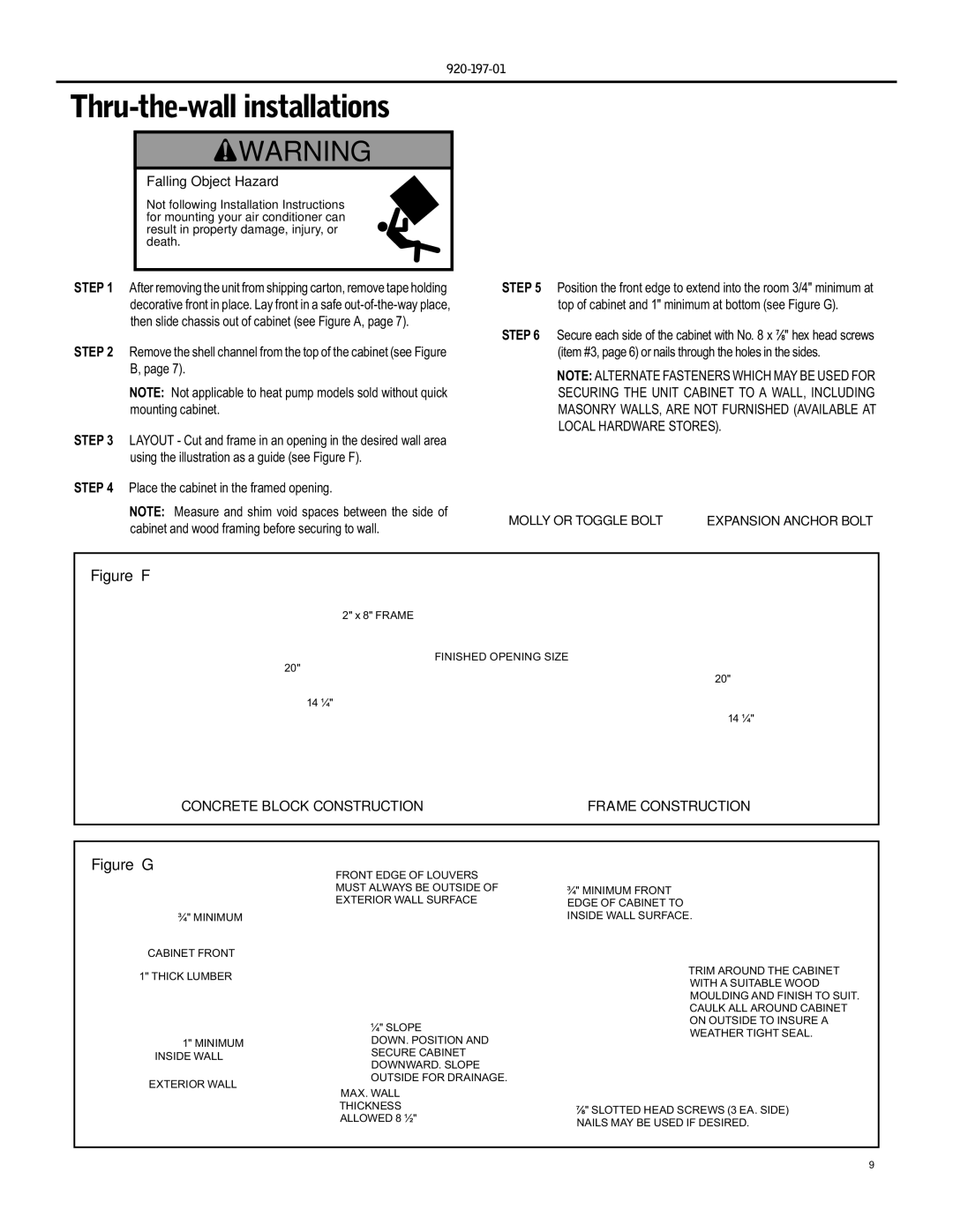 Friedrich EQ08, YQ07 operation manual Thru-the-wall installations, Falling Object Hazard 