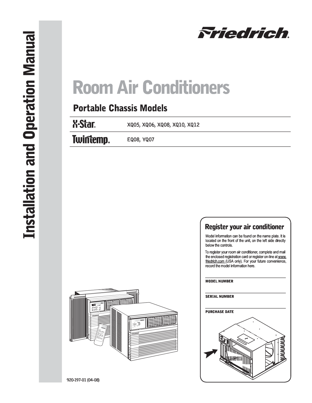 Friedrich EQ08 operation manual Room Air Conditioners, Portable Chassis Models, Register your air conditioner, 920-197-01 