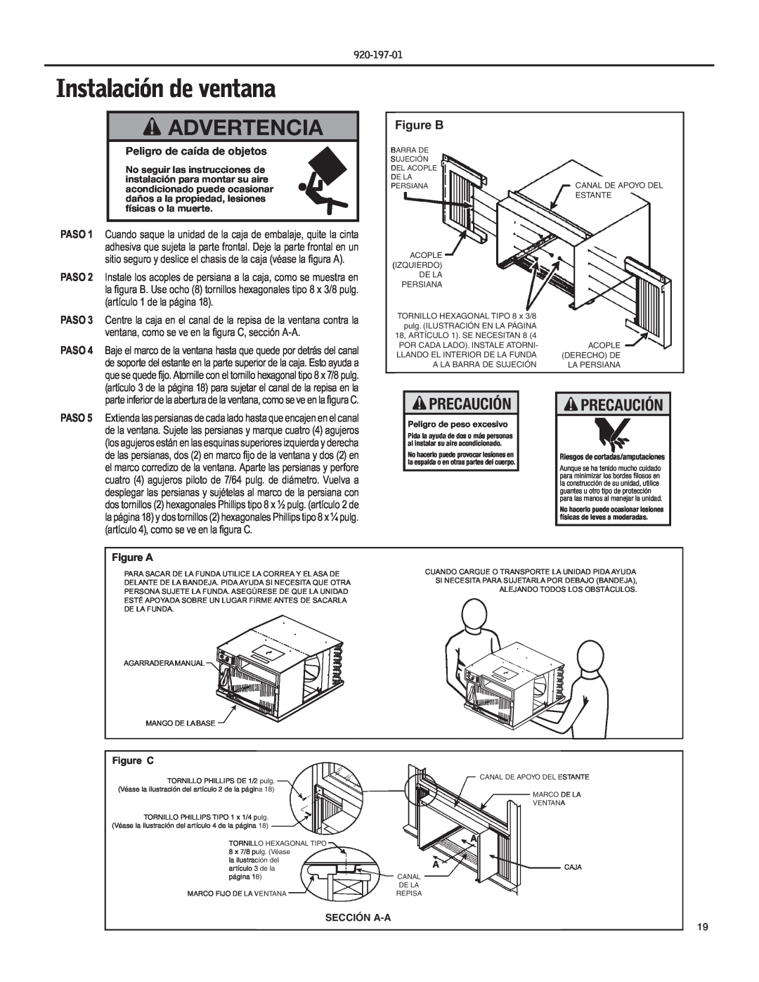 Friedrich EQ08, YQ07 operation manual Instalación de ventana, Advertencia, Precaución, Figure B, Peligro de caída de objetos 
