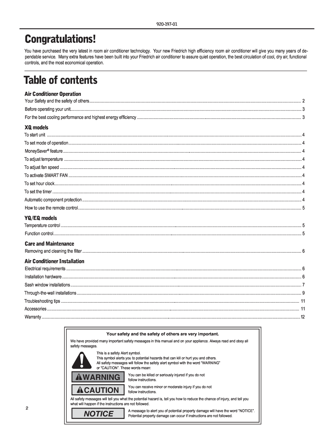 Friedrich YQ07, EQ08 operation manual Congratulations, Table of contents, Air Conditioner Operation, XQ models, YQ/EQ models 