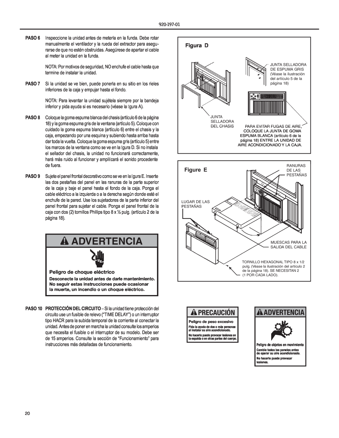 Friedrich YQ07, EQ08 operation manual Advertencia, Figura D, Figure EDE LAS, Precaución, Peligro de choque eléctrico 