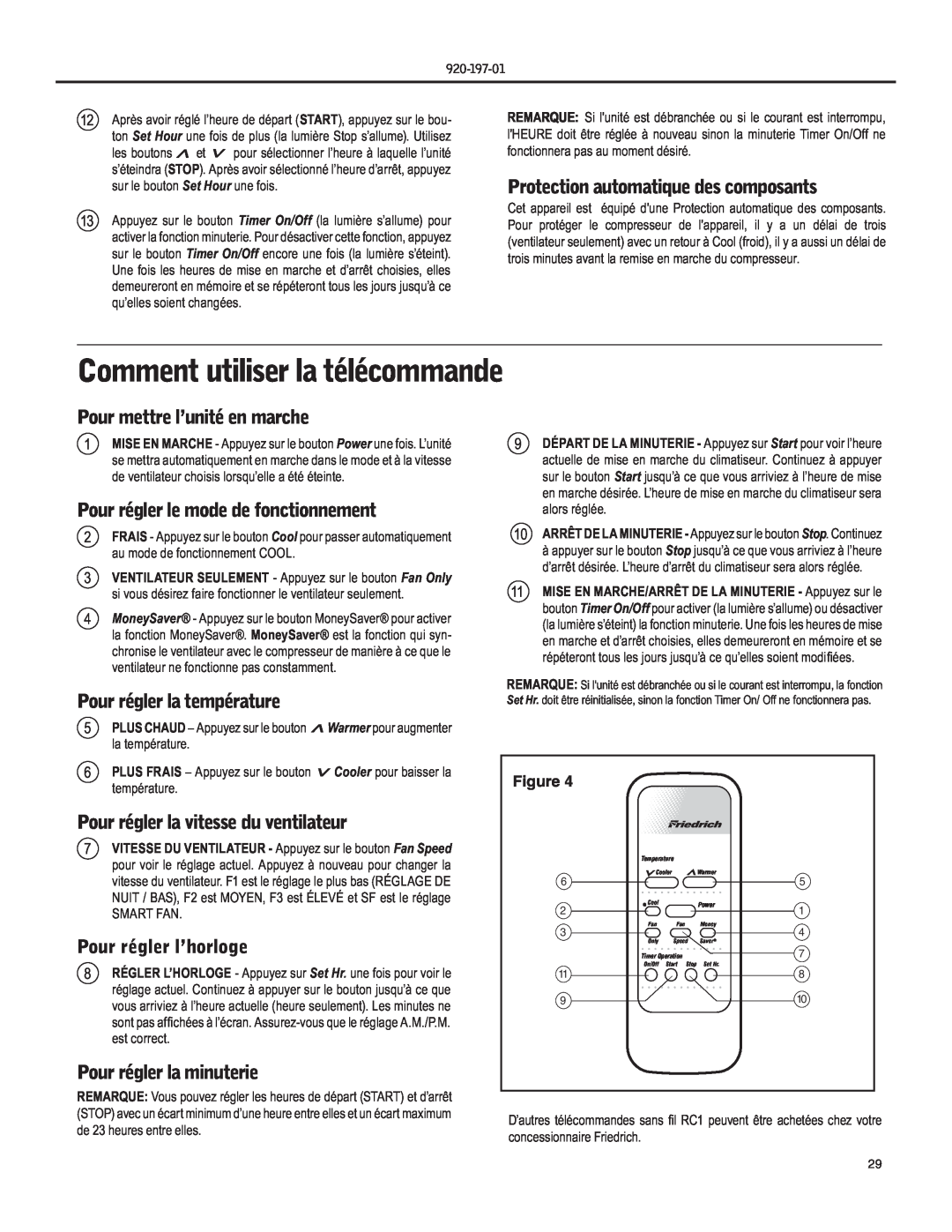 Friedrich EQ08, YQ07 Comment utiliser la télécommande, Protection automatique des composants, Pour régler l’horloge 