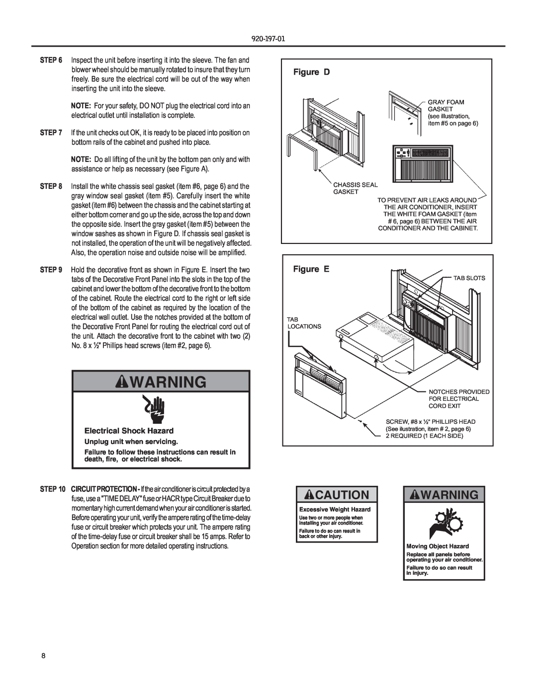 Friedrich YQ07, EQ08 operation manual Figure D, Figure E, Electrical Shock Hazard, Unplug unit when servicing 