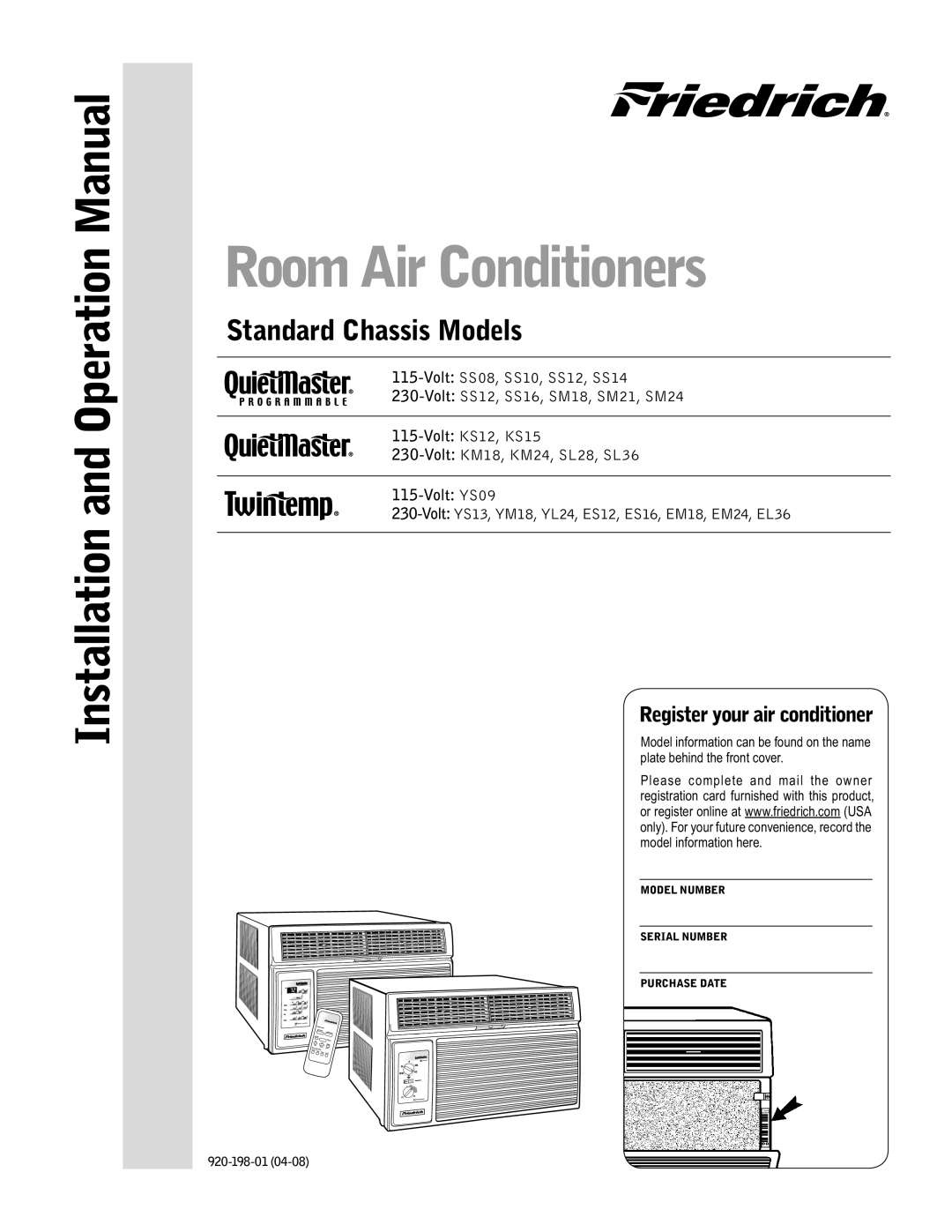 Friedrich operation manual Standard Chassis Models, Volt KS12, KS15, Volt YS09 