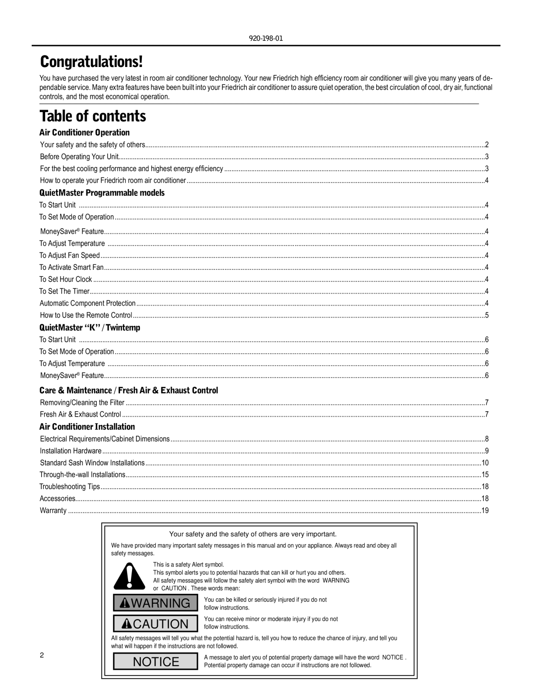 Friedrich YS09 operation manual Congratulations, Table of contents 