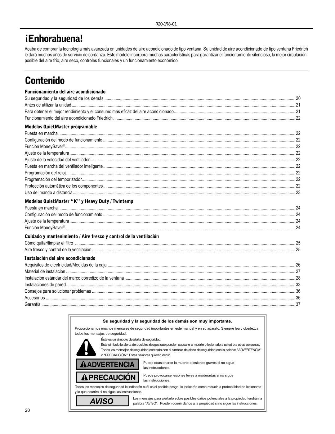 Friedrich YS09 operation manual ¡Enhorabuena, Contenido 