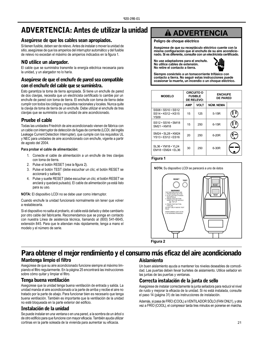 Friedrich YS09 Asegúrese de que los cables sean apropiados, No utilice un alargador, Pruebe el cable, Aislamiento 