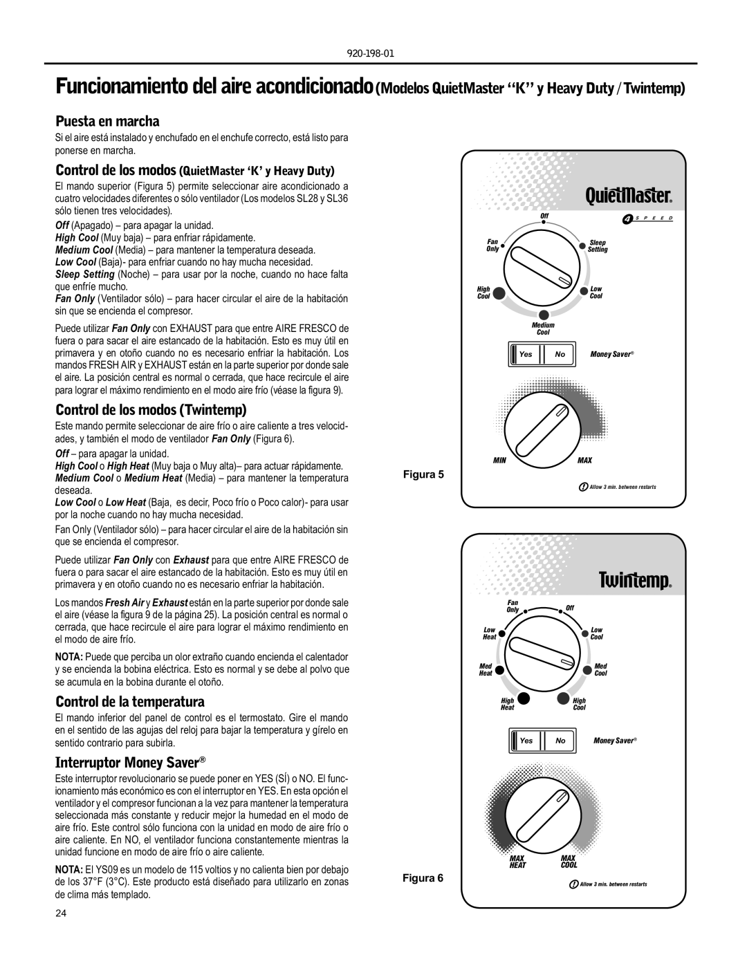 Friedrich YS09 operation manual Control de los modos Twintemp, Control de la temperatura, Interruptor Money Saver 