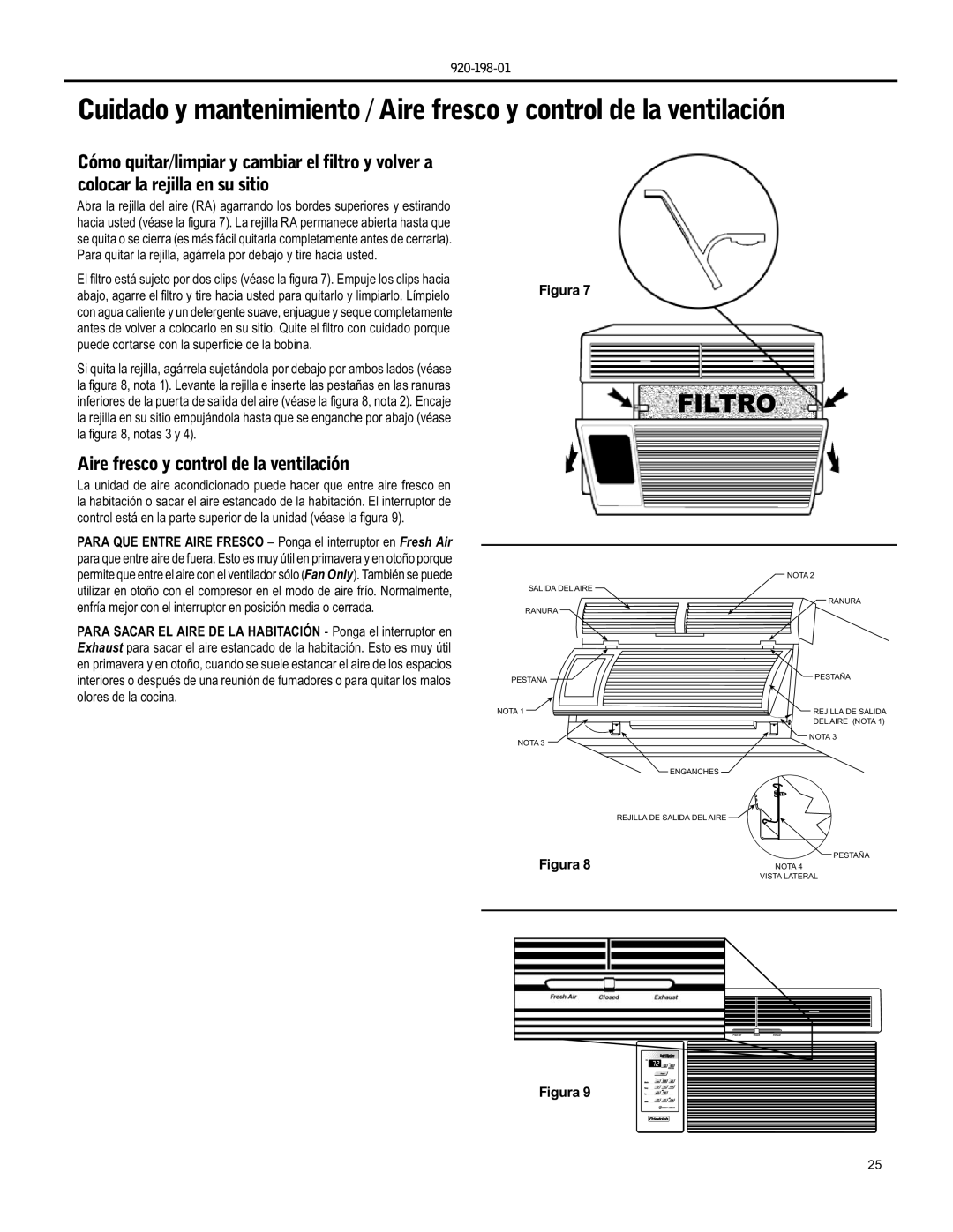 Friedrich YS09 operation manual Filtro, Aire fresco y control de la ventilación 