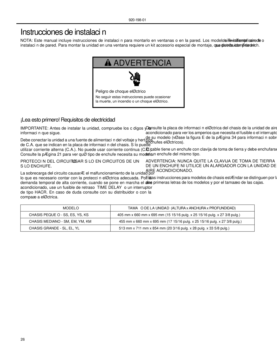 Friedrich YS09 operation manual Instrucciones de instalación, ¡Lea esto primero! Requisitos de electricidad, Modelo 