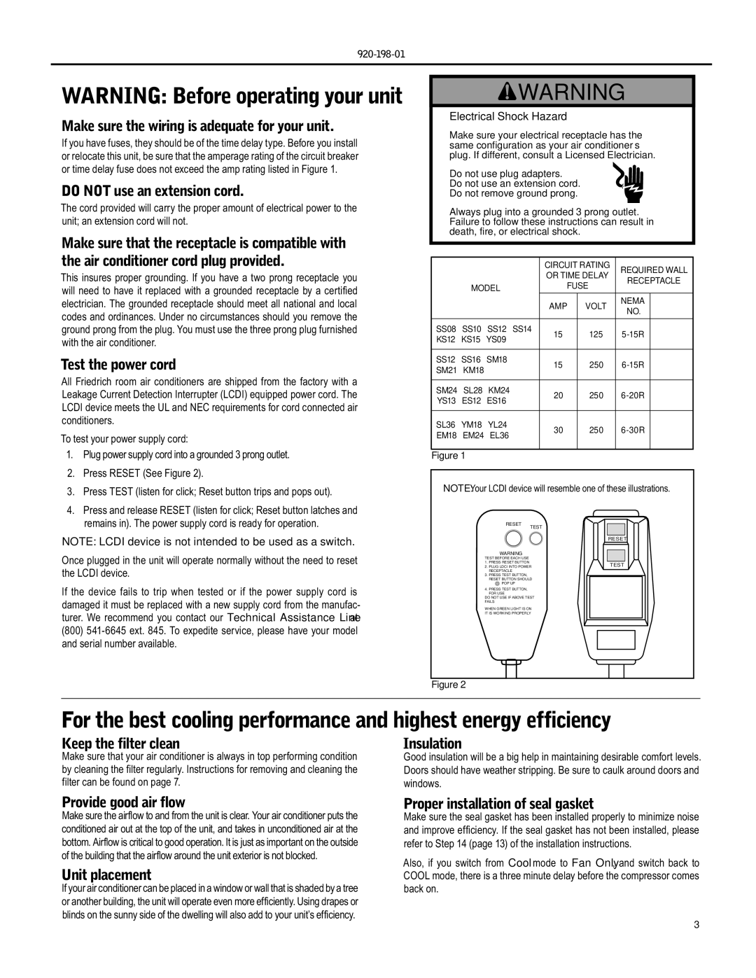 Friedrich YS09 Make sure the wiring is adequate for your unit, Do not use an extension cord, Test the power cord 