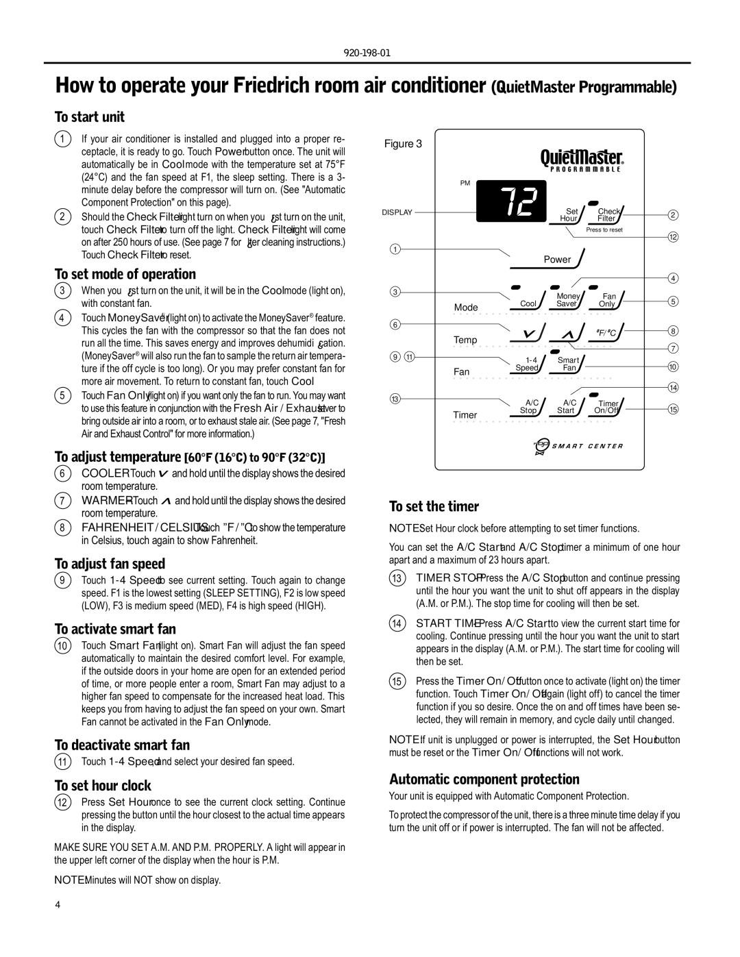 Friedrich YS09 To start unit, To set mode of operation, To adjust fan speed, To activate smart fan, To set the timer 