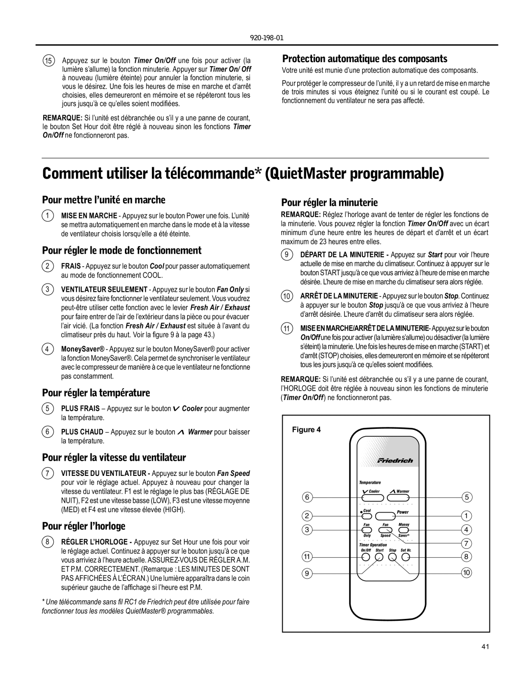 Friedrich YS09 Comment utiliser la télécommande* QuietMaster programmable, Protection automatique des composants 