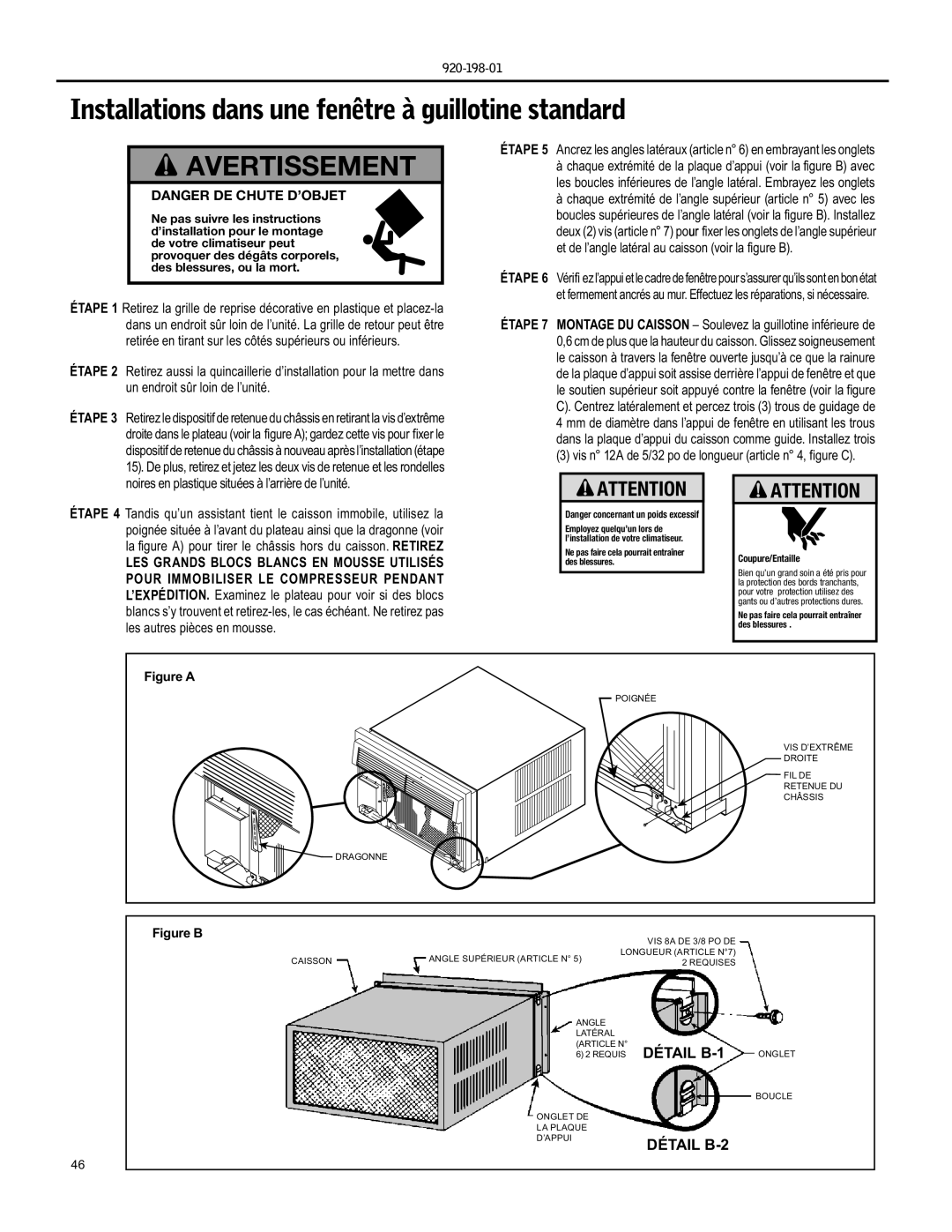 Friedrich YS09 operation manual Installations dans une fenêtre à guillotine standard, Détail B-2 