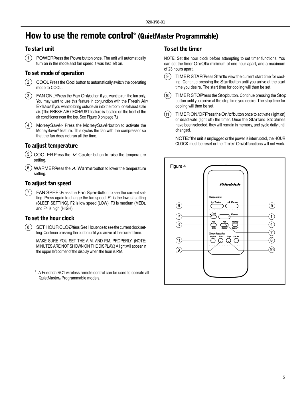 Friedrich YS09 How to use the remote control* QuietMaster Programmable, To adjust temperature To set the timer 