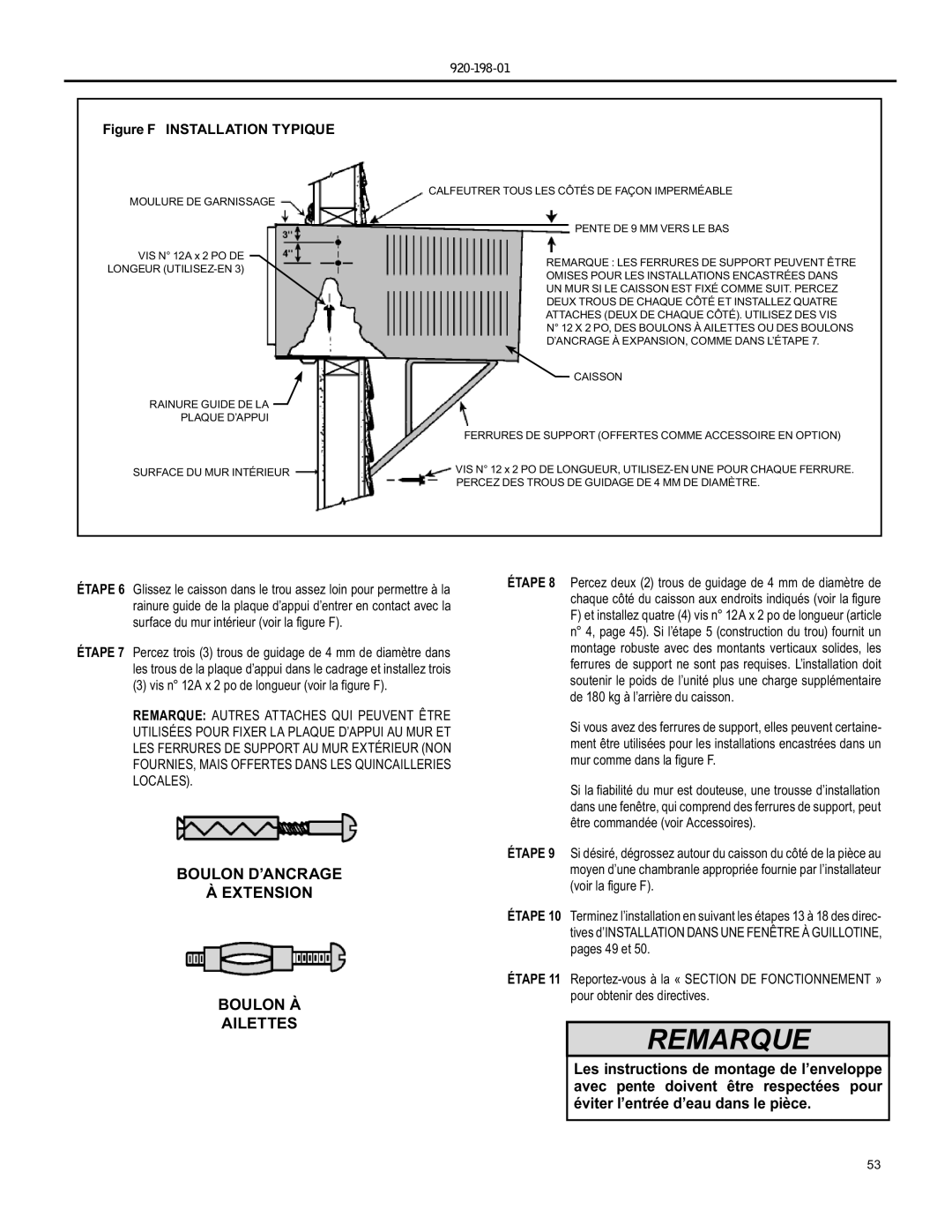 Friedrich YS09 operation manual Boulon D’ANCRAGE Extension Boulon À Ailettes, Figure F Installation Typique 