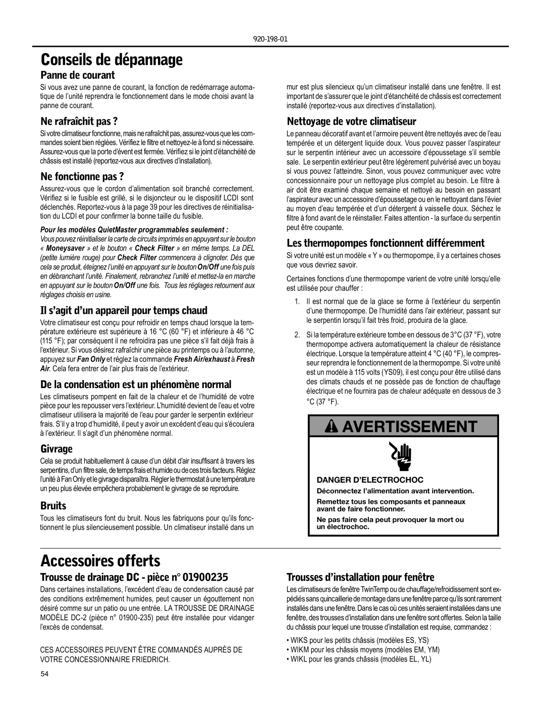 Friedrich YS09 operation manual Conseils de dépannage, Accessoires offerts 