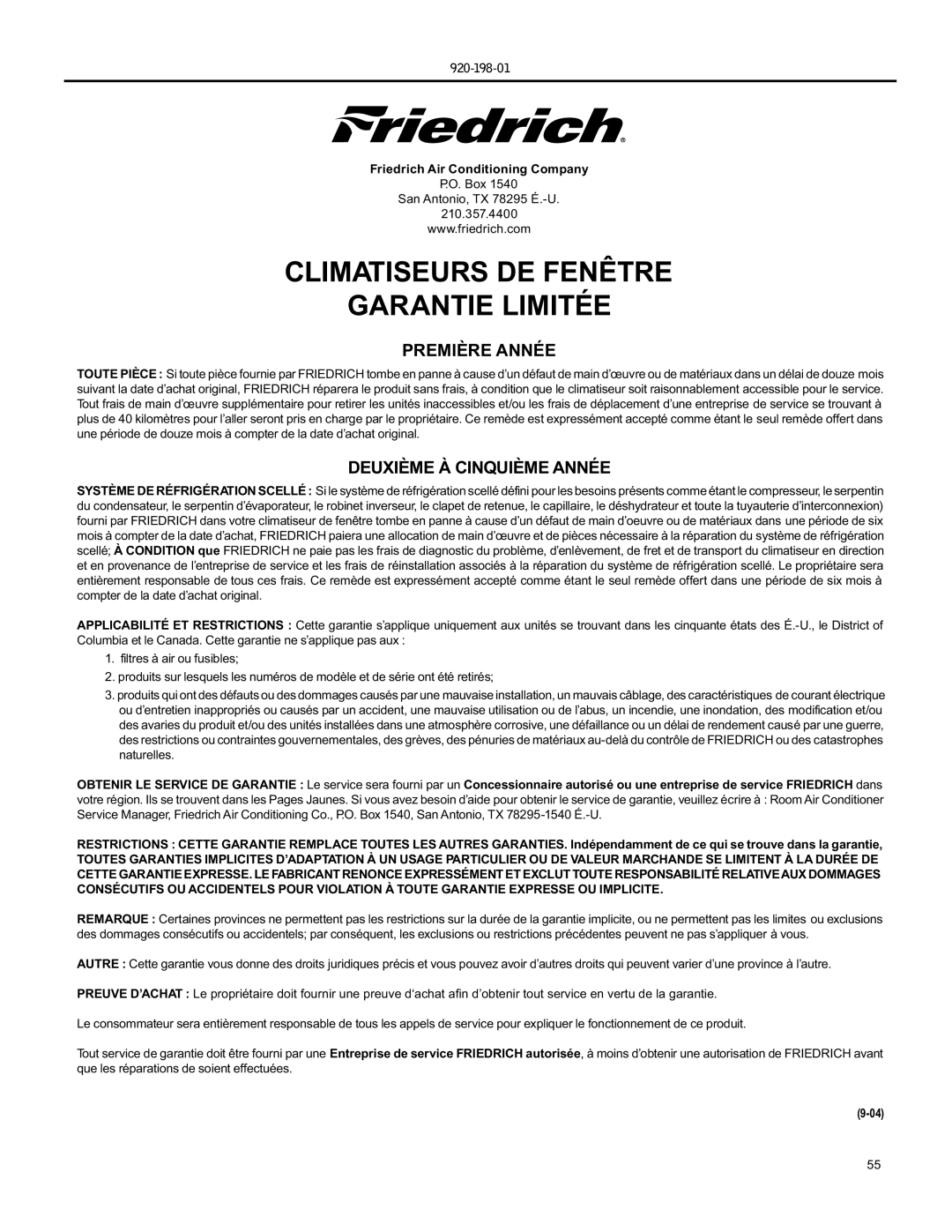 Friedrich YS09 operation manual Climatiseurs DE Fenêtre Garantie Limitée 