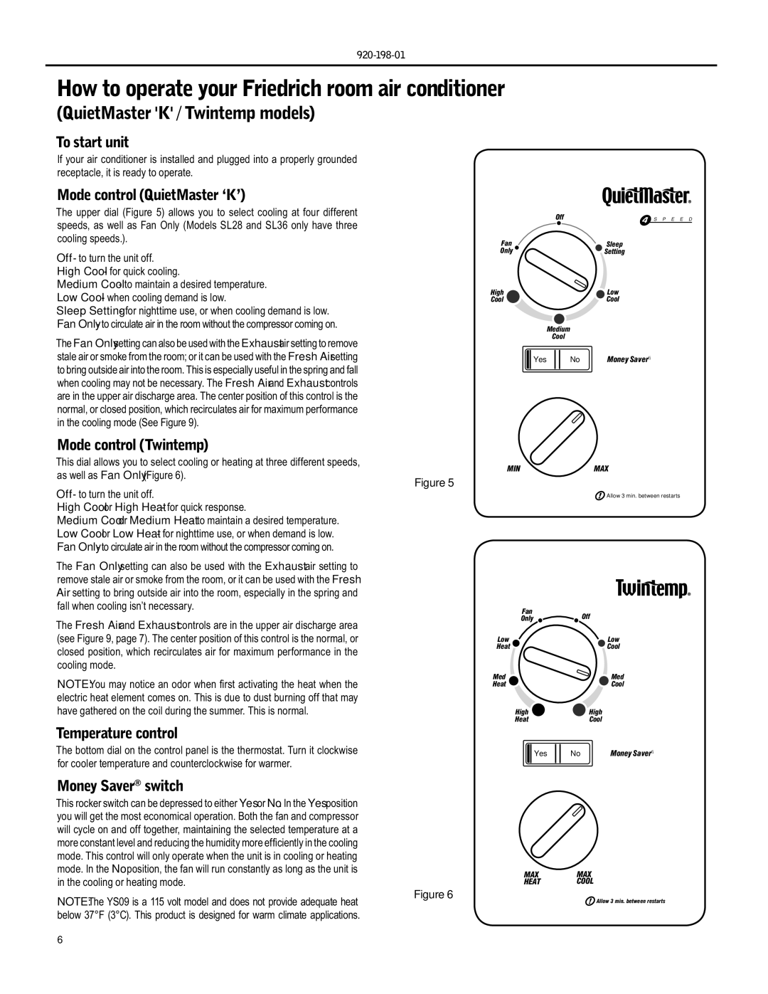 Friedrich YS09 How to operate your Friedrich room air conditioner, Mode control QuietMaster ‘K’, Mode control Twintemp 