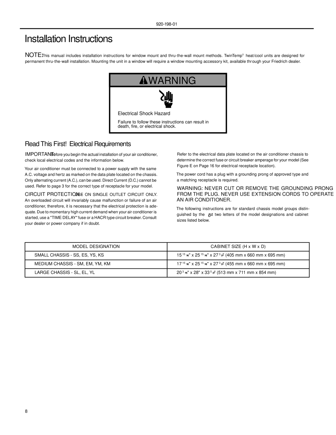 Friedrich YS09 operation manual Installation Instructions, Read This First! Electrical Requirements, Model Designation 