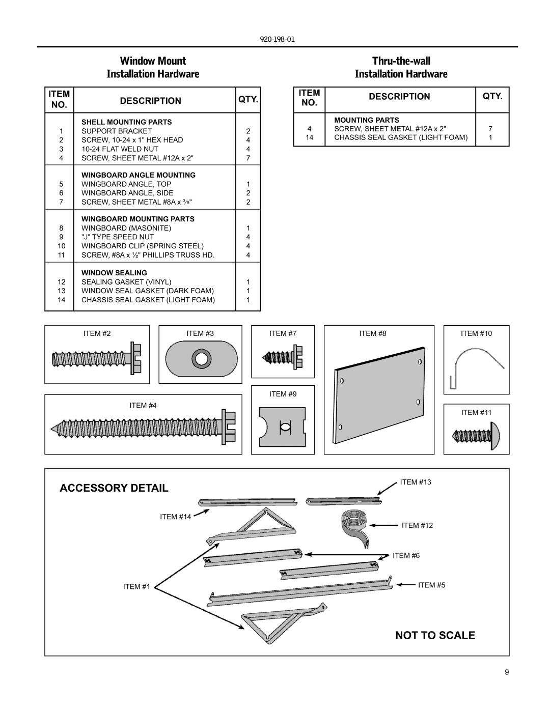 Friedrich YS09 operation manual Window Mount Thru-the-wall Installation Hardware, Description QTY 