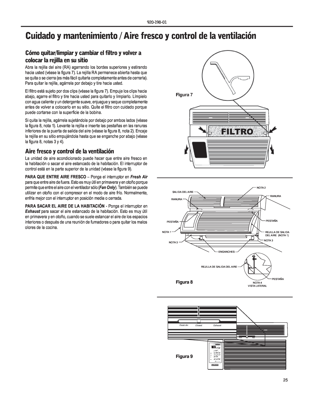 Friedrich YS09 operation manual Filtro, Aire fresco y control de la ventilación, Figura 