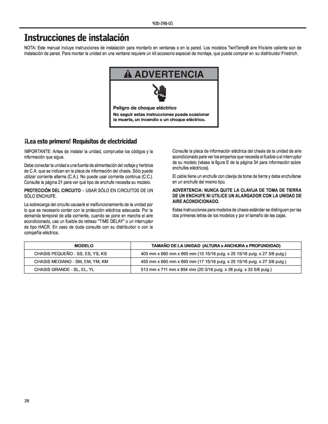 Friedrich YS09 operation manual Instrucciones de instalación, Advertencia, ¡Lea esto primero! Requisitos de electricidad 