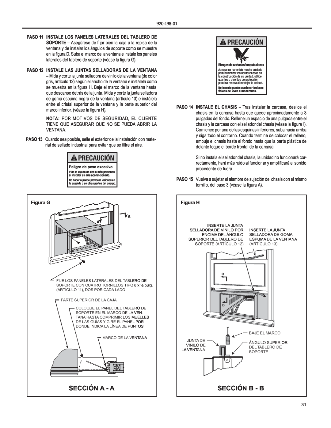 Friedrich YS09 operation manual Sección A - A, Sección B - B, Figura G, Figura H, Precaución 