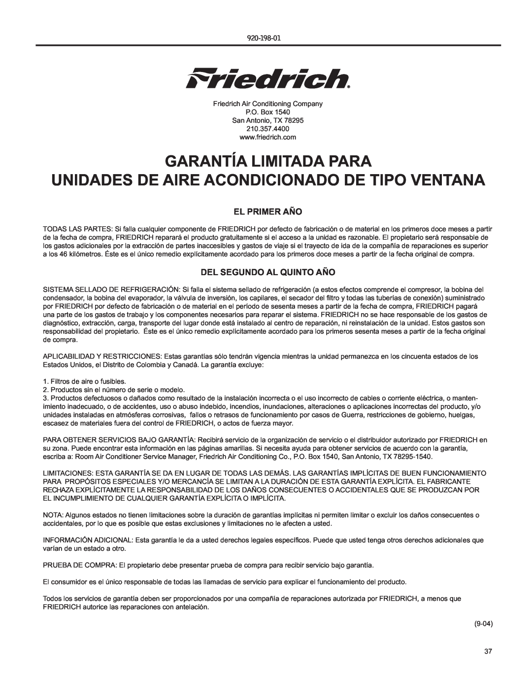 Friedrich YS09 Garantía Limitada Para, Unidades De Aire Acondicionado De Tipo Ventana, El Primer Año, 920-198-01 
