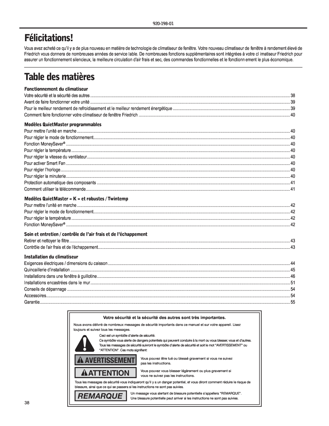 Friedrich YS09 operation manual Félicitations, Table des matières, Remarque, Avertissement, Fonctionnement du climatiseur 