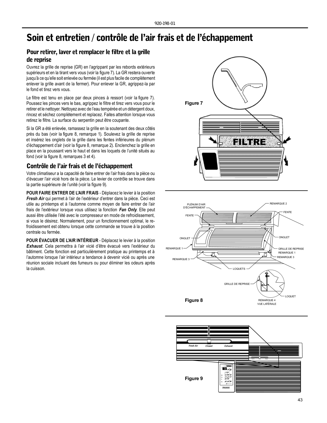 Friedrich YS09 operation manual Filtre, Contrôle de l’air frais et de l’échappement 