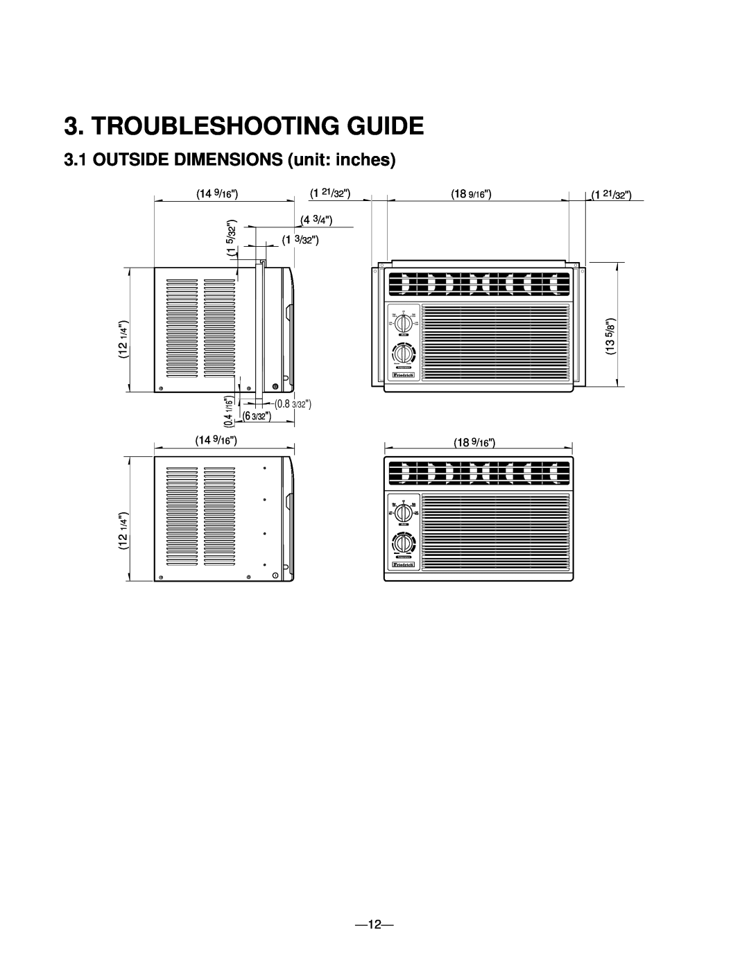 Friedrich ZQ05C10 manual Troubleshooting Guide, OUTSIDE DIMENSIONS unit inches, 0.8 3/32 6 3/32 