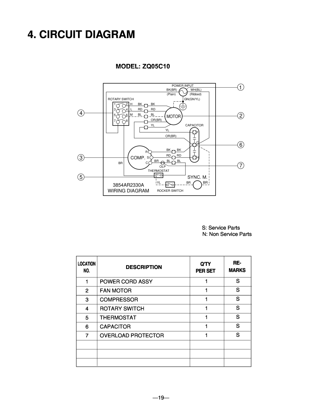 Friedrich manual Circuit Diagram, MODEL ZQ05C10, Description 