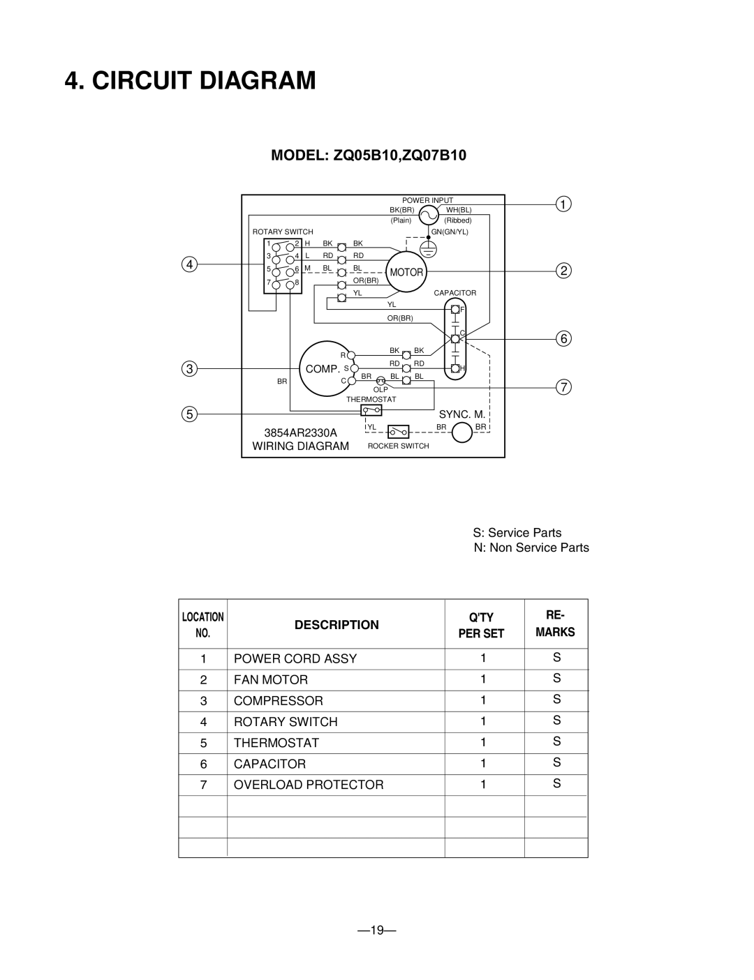 Friedrich manual Circuit Diagram, Model ZQ05B10,ZQ07B10 