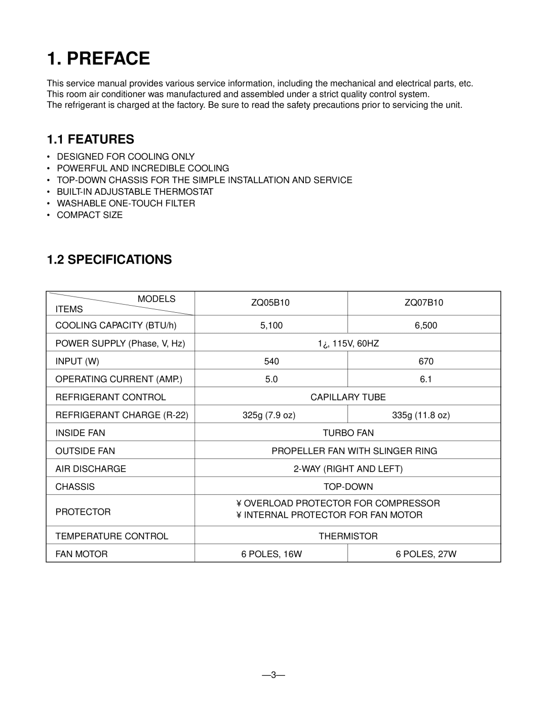 Friedrich ZQ05B10, ZQ07B10 manual Preface, Features, Specifications 