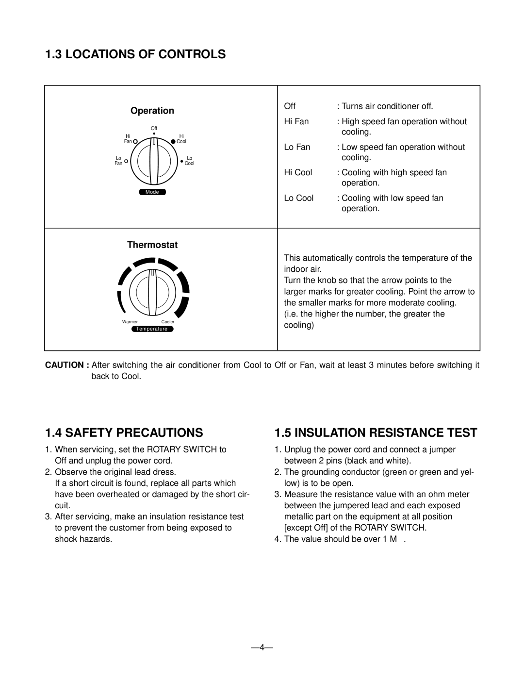 Friedrich ZQ07B10, ZQ05B10 manual Locations of Controls, Safety Precautions, Insulation Resistance Test 