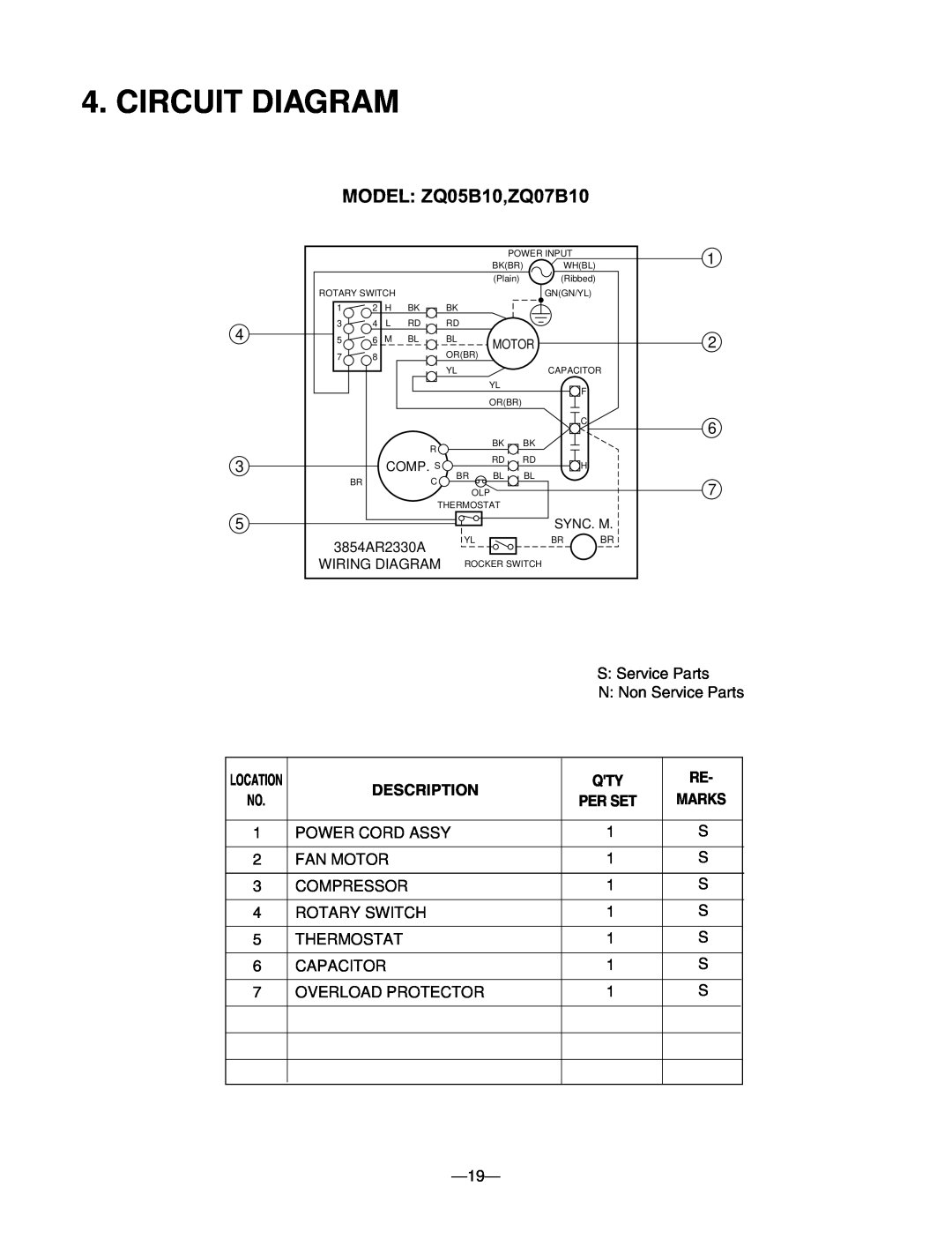 Friedrich manual Circuit Diagram, Description, MODEL ZQ05B10,ZQ07B10 