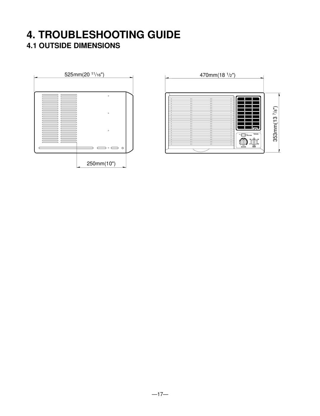 Friedrich ZQ08A10C manual Troubleshooting Guide, Outside Dimensions 