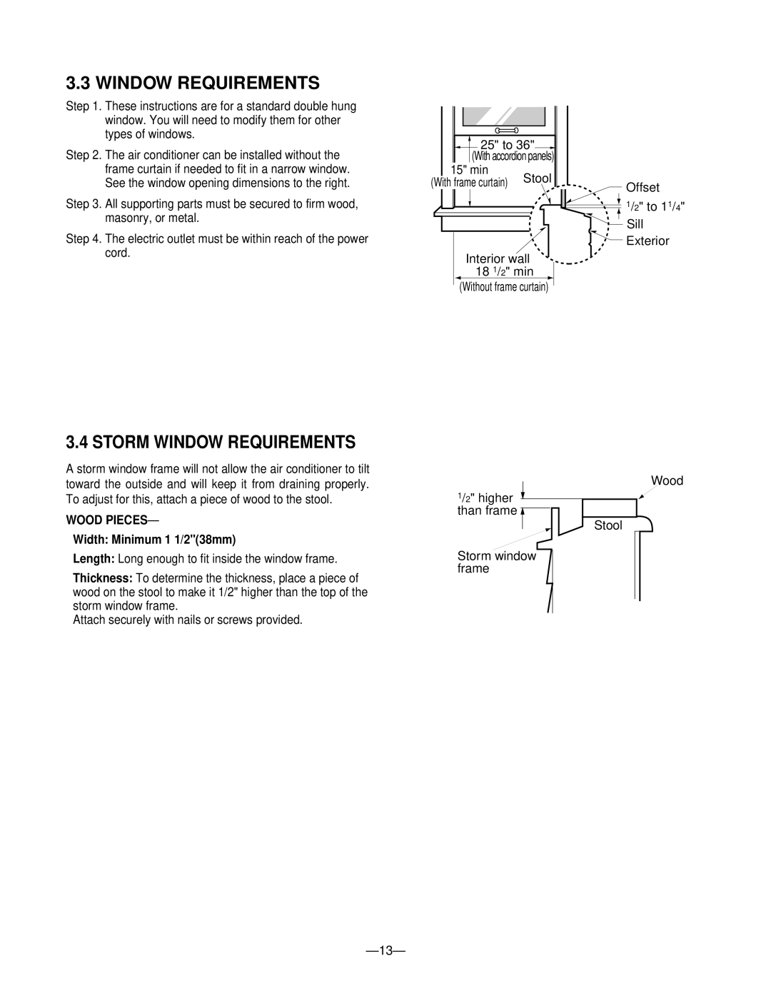 Friedrich ZQ08A10C manual Storm Window Requirements, Wood Pieces, Width Minimum 1 1/238mm 