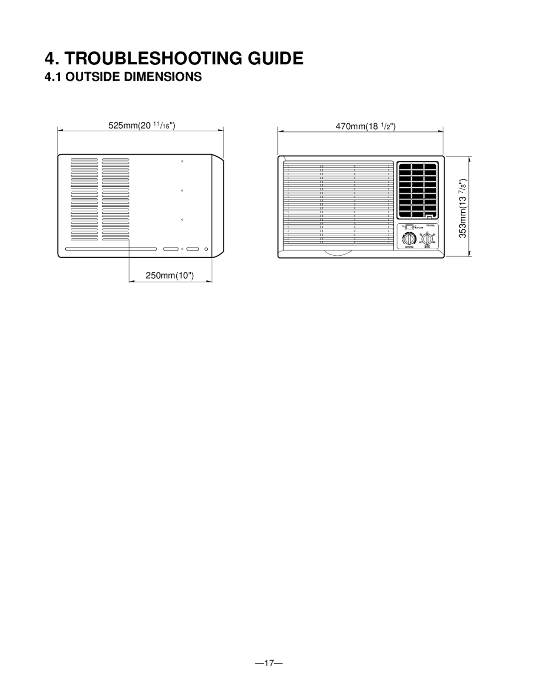 Friedrich ZQ08A10C manual Troubleshooting Guide, Outside Dimensions 