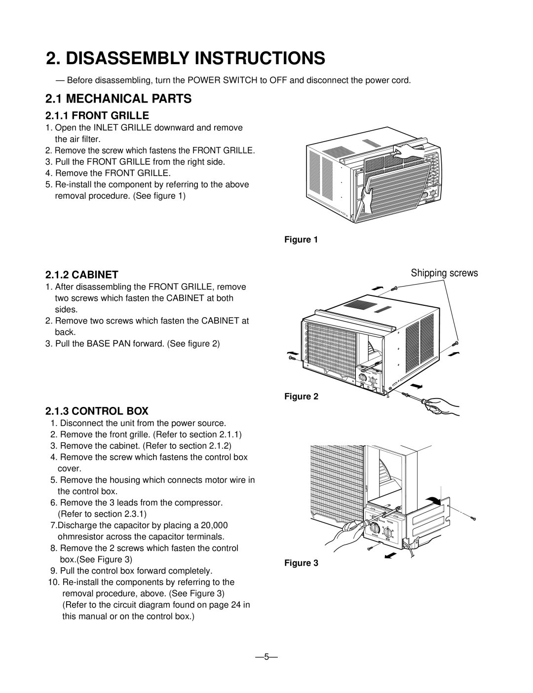 Friedrich ZQ08A10C manual Disassembly Instructions, Mechanical Parts, Front Grille, Cabinet, Control BOX 