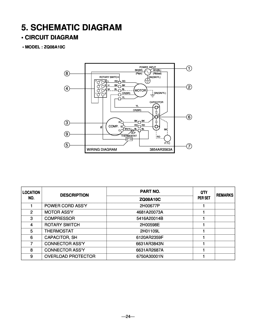 Friedrich manual Schematic Diagram, •Circuit Diagram, •MODEL : ZQ08A10C, Description, Part No 