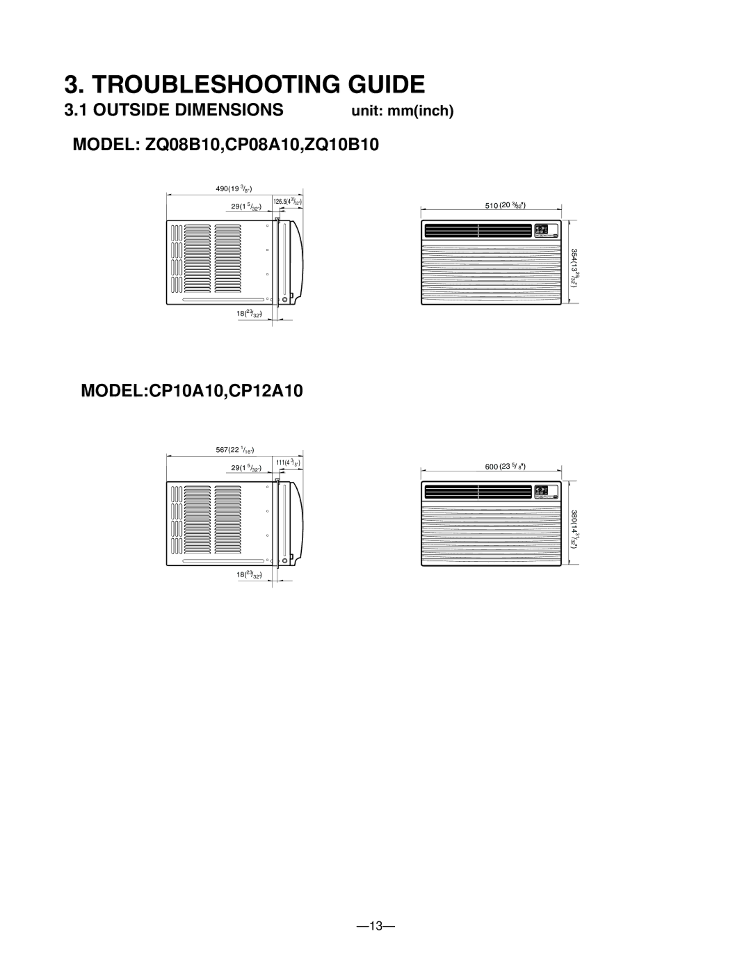 Friedrich CP08A10, ZQ08B10, ZQ10B10 manual Troubleshooting Guide, Outside Dimensions, MODELCP10A10,CP12A10 