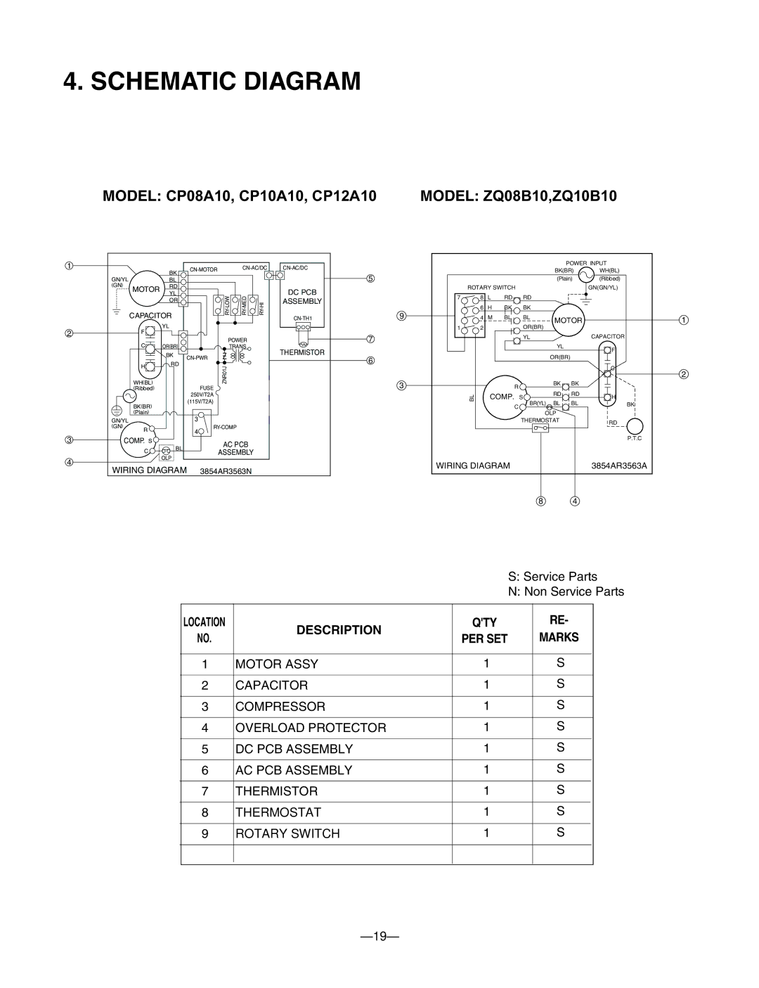 Friedrich CP12A10, CP10A10, CP08A10 manual Schematic Diagram, Model ZQ08B10,ZQ10B10 