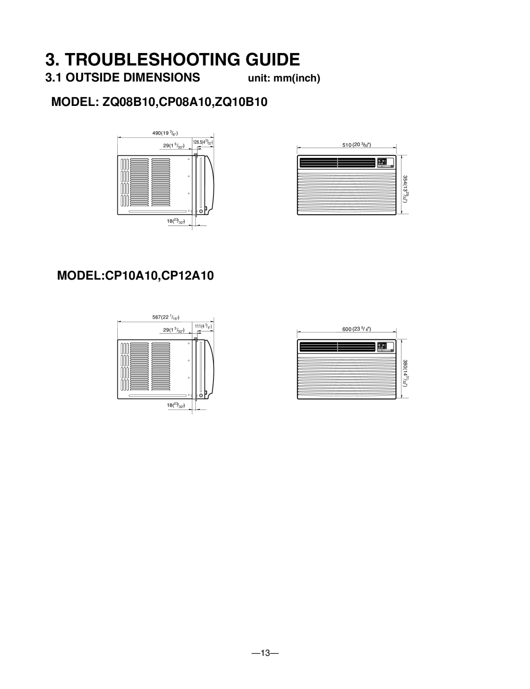 Friedrich Troubleshooting Guide, Outside Dimensions, MODEL ZQ08B10,CP08A10,ZQ10B10, MODEL CP10A10,CP12A10, unit mminch 