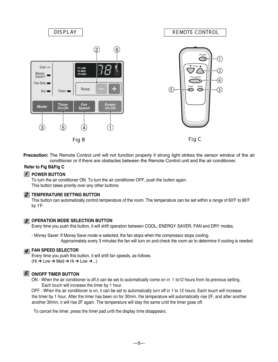 Friedrich ZQ08B10 Dis P L Ay, R E Mote C Ontr Ol, Refer to Fig B&Fig C POWER BUTTON, Temperature Setting Button 